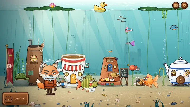 Foxy sous l'eau, avec un bocal à poisson rouge en guise de casque de plongée