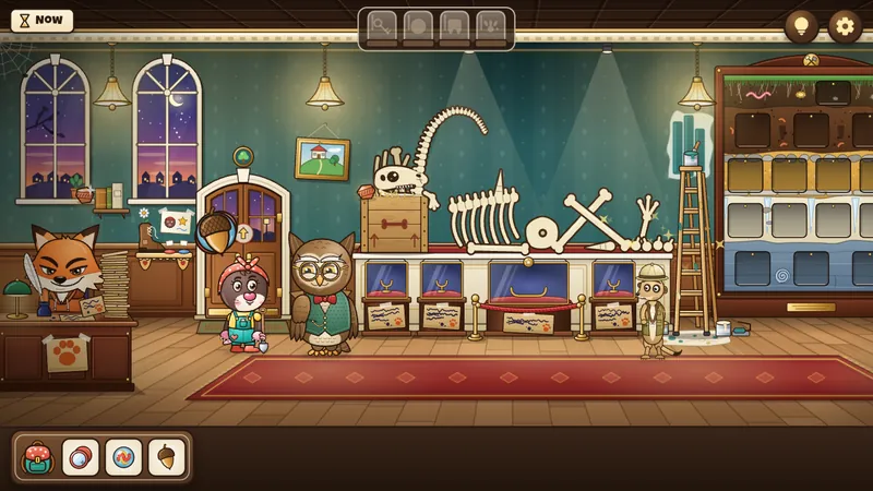Noor in the museum hall, with Foxy behind the desk and a large skeleton