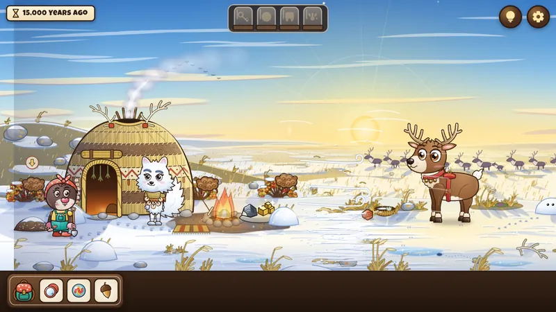 Noor in the snow by a tent, an arctic fox and a reindeer
